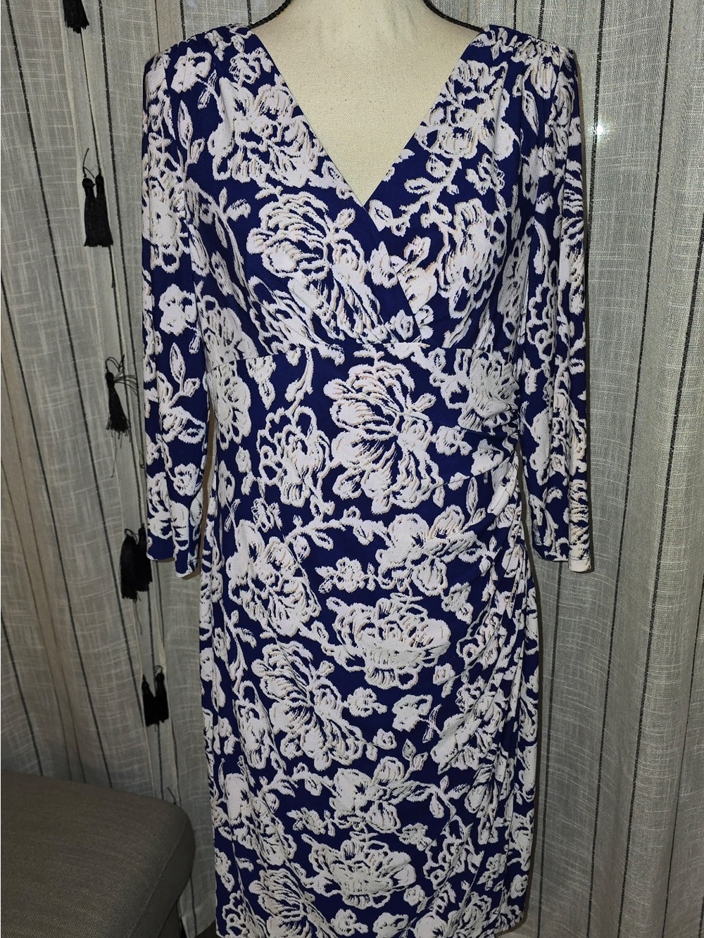 Ralph Lauren Navy with White Floral Faux-Wrap Midi Dress